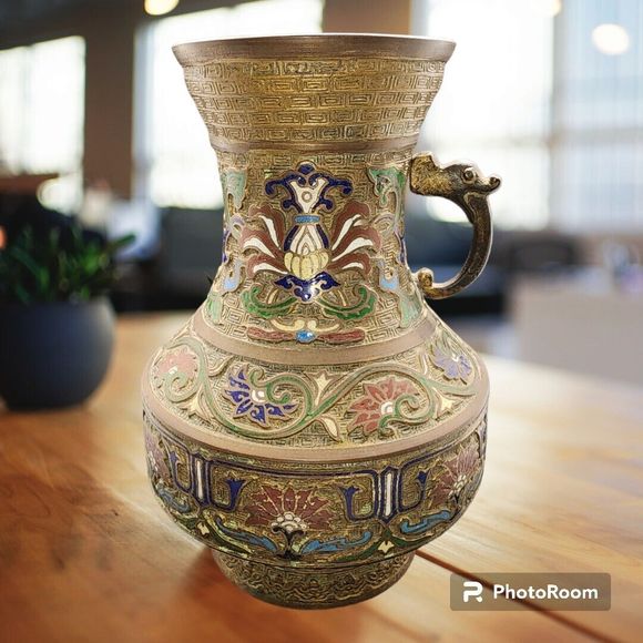 Other - Vintage Heavy Brass Japanese Inlaid Cloisonné Missing 1 Handle Vase Made Japan